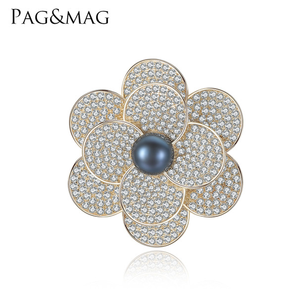 PAG&MAG Brand Shiny 925 Sterling Sliver Black Pearl Brooches & Pins Flower Shape Brooch For Women Vintage Scarf Clip Jewelry Accessories