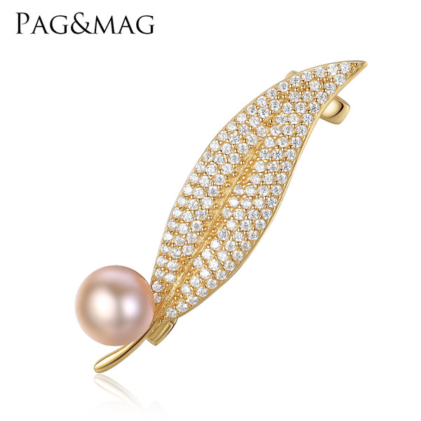 PAG&MAG Brand Leaf Shape Natural Pearl Women Brooch High Quality 925 Sterling Silver Brooch White pink Color Choice Gift Box