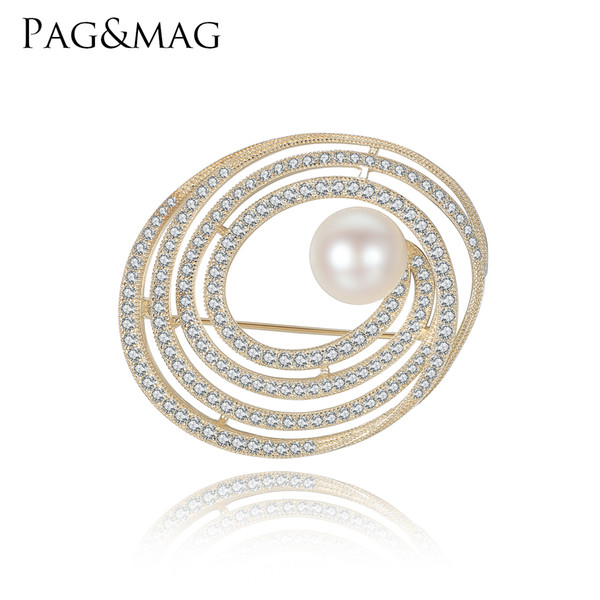 PAG&MAG New High Quality 925 Sterling Silver Pearl Brooch Jewelry for Women Small Rhinestone Crystal Elliptical Shape Pins Brooches