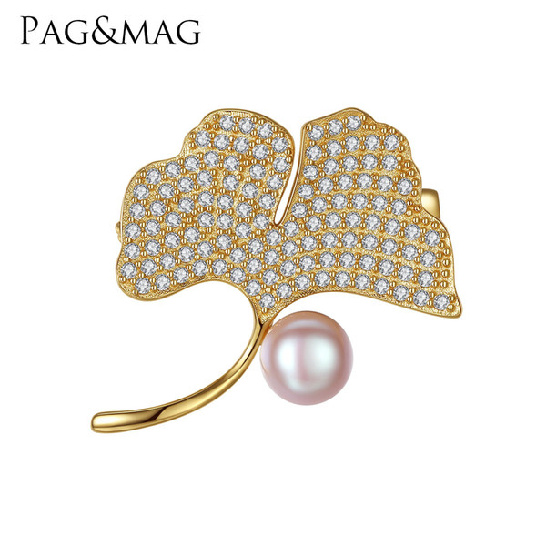 PAG&MAG Brand Ginkgo Leaf Natural Pearl Women Brooch Pink and Gray Color Choose Gift Box Free 925 Sterling Silver Brooch