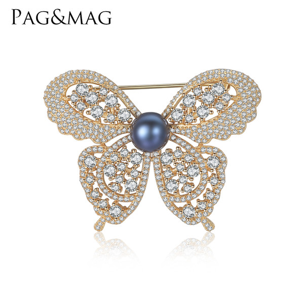 PAG&MAG New High Quality CZ Inlay 925 Silver Butterfly Brooch Black/Gray Pearl Women Dress Wedding Bridal Pin Brooches Jewelry