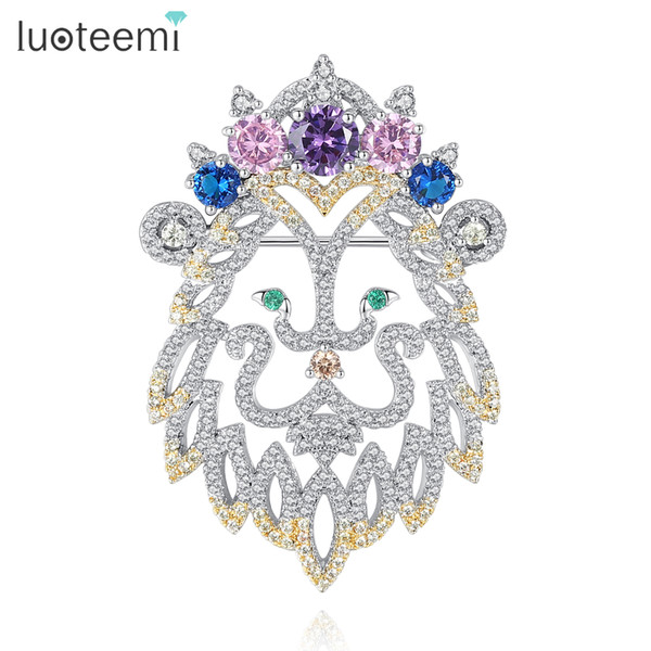 LUOTEEMI Spring New White Gold Color Vivid Lion Pattern Brooch with Multi-color CZ Stone For Women Girl Animal Brooch Pins Jewellery