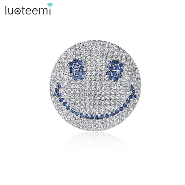 LUOTEEMI Cute Brooch Micro Paved Tiny Clear Shining CZ Red Blue Color Face Smile Round Shape Pins for Girls Party Christmas Gift