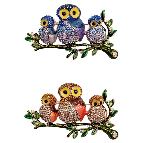 Fashion Jewelry alloy Europe and America three owl brooch Drop oil with rhinestone owl brooch