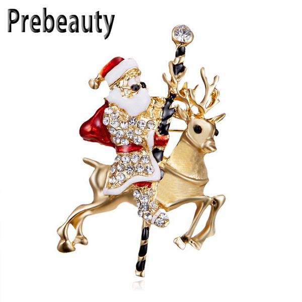 Prebeauty Enamel Santa Claus Christmas Brooch New Year Classic Style Antique Cartoon Brooch Epoxy Rhinestone Pin Christmas Gift