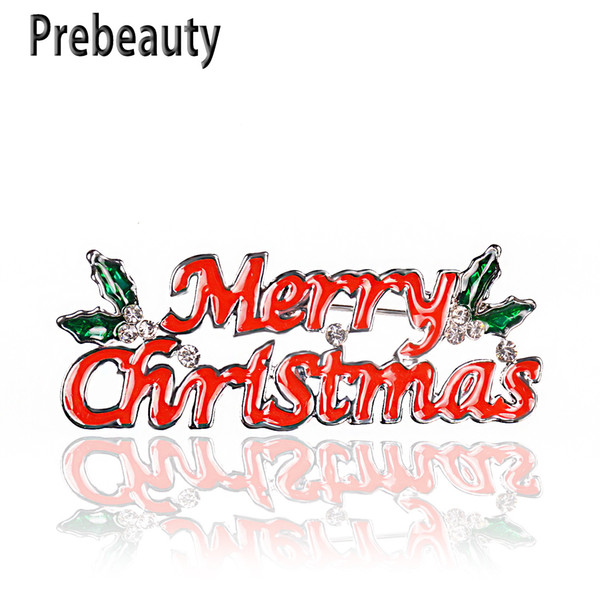 Prebeauty Enamel Merry Christmas Brooch Pin Exquisite Letters Red Green Brooch Jingle Bell Boots Charm Crystal Stone Christmas Gift Presents