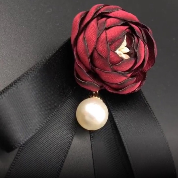 Retro Rose Pearl Flower Brooches Black Bow Tie Blouse Collar Pin Clothing Boutonniere 6 Colors Fashion Accessories Women Jewelry