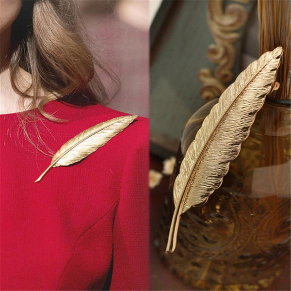 Wholesale- 2016 Men Gold Feather Suit Women Broaches Version Leaves Hijab Pins Wedding Brooch Men Brooches Pins Flower Lapel Pins For Wom