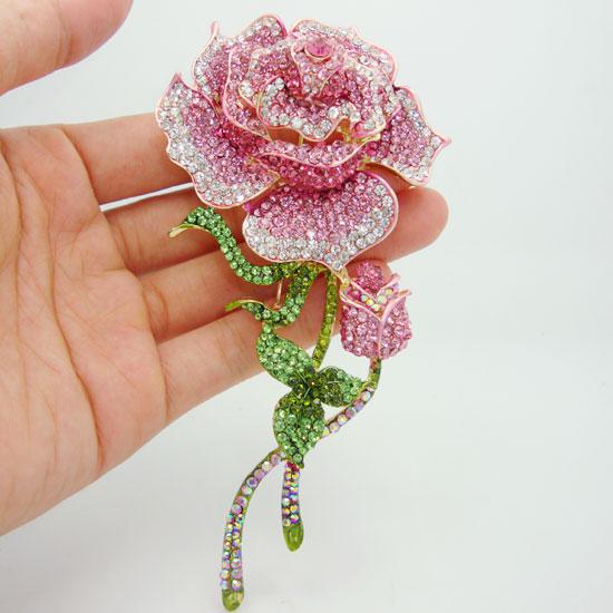 Wholesale - Beautiful Rhinestone Fashion Jewelry Rose Bud Gold-Plate Pink Rhinestone Crystal Brooch Pin Free shipping For Woman