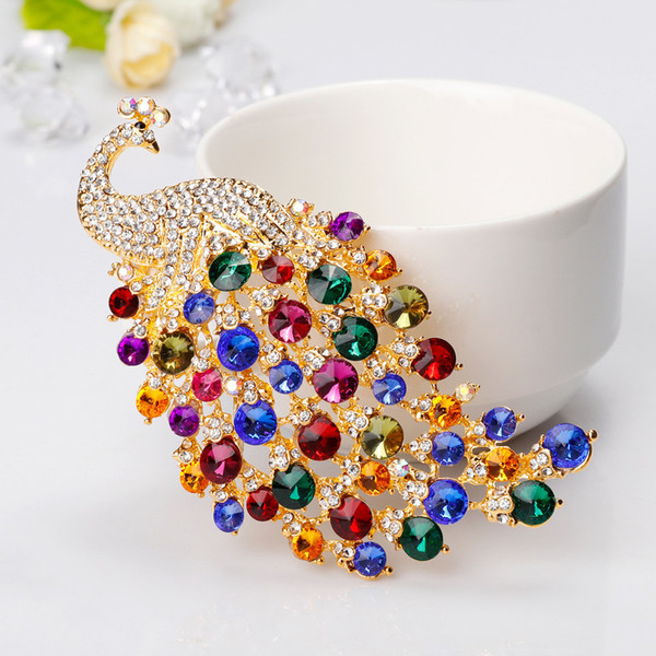 Luxurious Peacock Shape Crystal Rhinestone Metal Brooches Rose Gold Plated Brooch Pins Wedding Bridal Fashion Jewelry