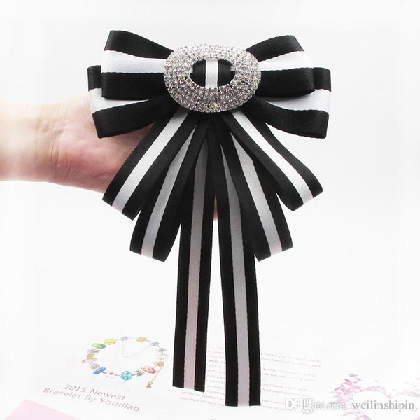 White black Vintage Fabric Bow Brooches Women Neck Tie Stripe Pins Party Wedding Large Ribbon Brooch Clothing Accessories-008