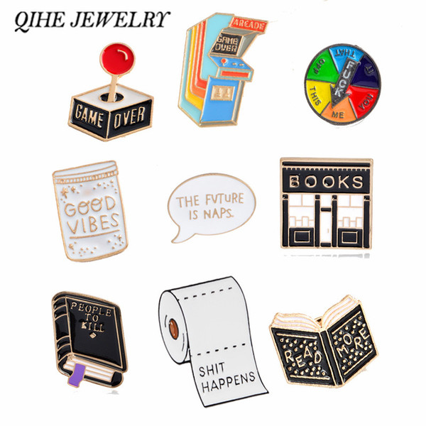 QIHE JEWELRY Book Pin Game over brooches Good vibes badges Read more lapel pins Funny quote jewelry Book pins collection