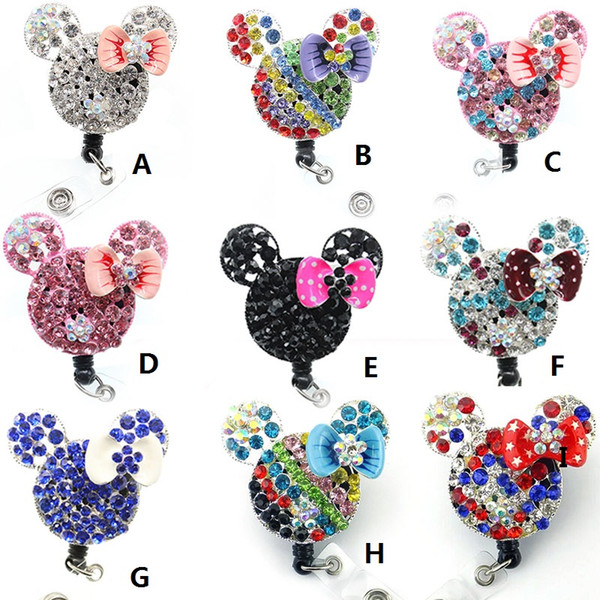 20PCS/LOT free shipping 9kinds Hot sell Cute Cartoon rhinestone Mickey Mini Mouse Head Retractable id badge holder Reel