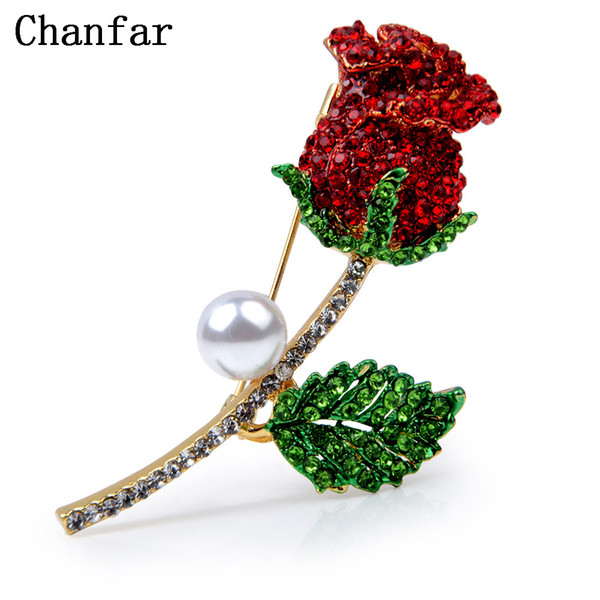 Chanfar Beautiful Crystal Paved Rose Red Flower Brooch Pin Jewelry Women Alloy Brooches Accessories