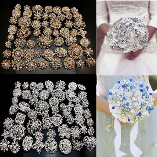 Wholesale -24Pcs x Rhinestone crystal brooches silver gold colours brooch pins wedding bridal decor