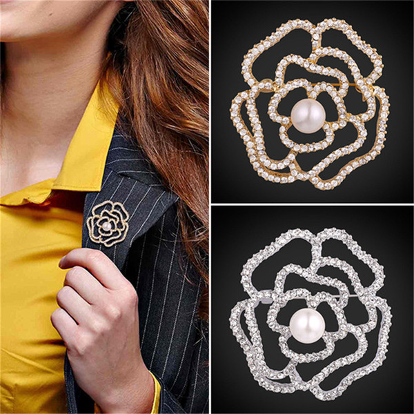 U7 Jewelry Flower Brooch Hollow Rose Design With Luxury Austrian Rhinestone Synthetic Pearl Vintage Brooch/Pin For Women B2733