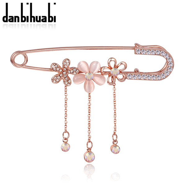 Wholesale- Hijab Pins Rose Gold plated Safety Pin Brooch Fashion Luxury Rhinestone Men Brooches For Suit Scarves Corsage Sweater Collar