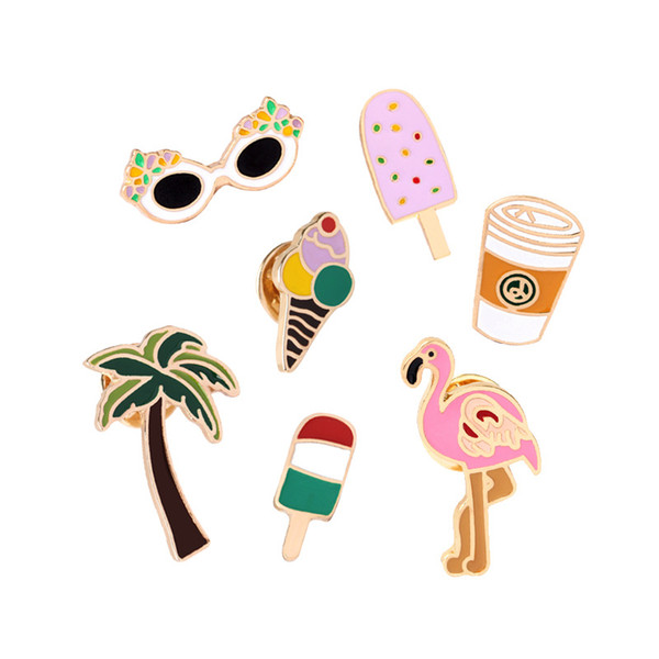 Summer Style Cartoon Flamingo Coconut Tree Ice Cream Lemon Juice Beach Cup Enamel Brooches Collar Denim Shirt Brooch Pins