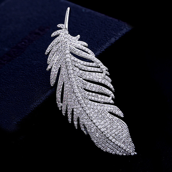 Hot Sale Korean Style Zircon Feather Brooch Women's High-end Suit Brooch Simple Fashion Brooch Coat Accessories Custom