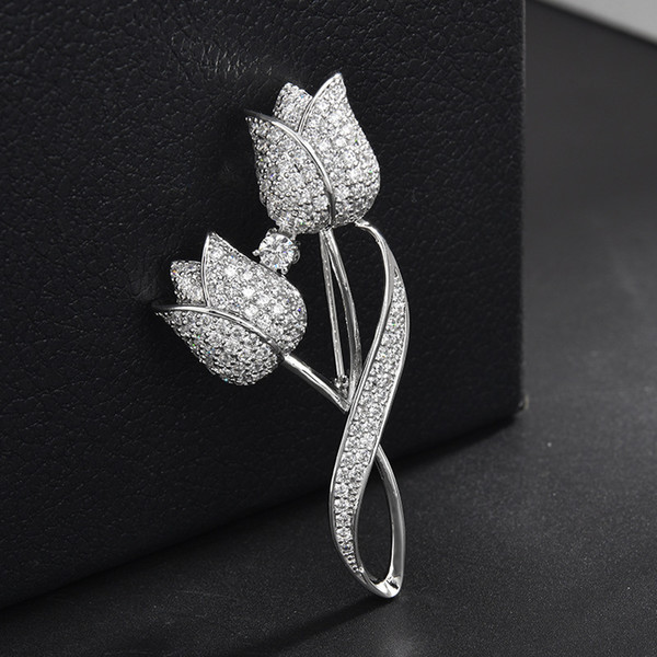 Hot Sale and Brand New Fashionable Style Tulip Zircon Brooch Women's High-end suit Corsage With Cardigan Sweater Coat Pin
