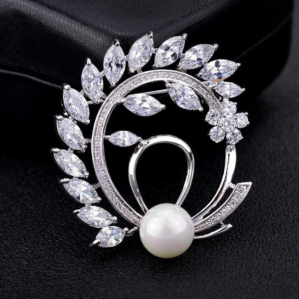 Popular grain zirconia brooch female temperament baihua flower pearl brooch high-end creative dress pin