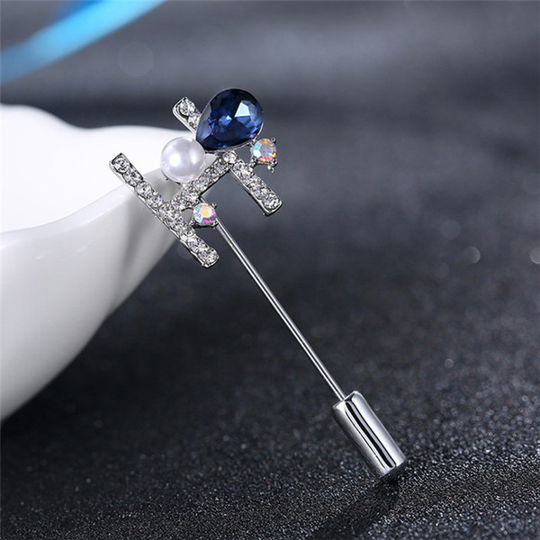 European and American style letters men's one-word brooch microinlay zircon pearl suit pin pin