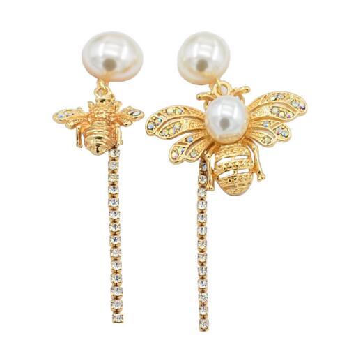 Personality Asymmetry Bee Earrings Long Crystal Tassel Dangle Drop Eardrop 14K Gold Pearl Ear Studs Women Girl Wedding Party Jewelry