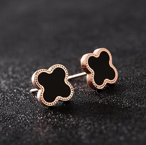 Fashion Four Leaf Clover Earrings Rose Gold Steel Titanium Ear Studs Black Onyx Earring Women Girl Wedding Party Jewelry Gift