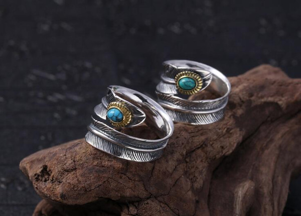 (wholesale - retail) S9*5 sterling silver ring fashion taiyin retro eagle series men and women's turquoise feather open ring