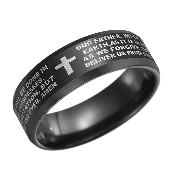 8MM Men's Stainless Steel Bible finger rings Verse Christian Lord's Prayer Cross Ring Wedding Bands Laser Engraved