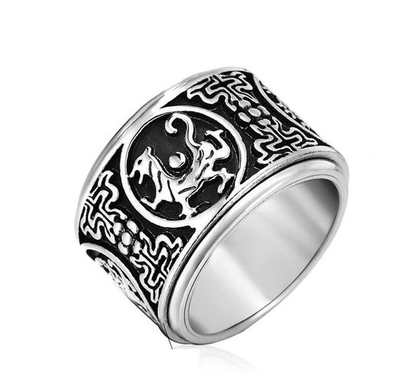 16mm Rotate Men's Stainless Titanium Steel Ring Ancient 4 Guardian Beast, Dragon, White Tiger, Suzaku, Basalt Carved (Antique Silver Plated)