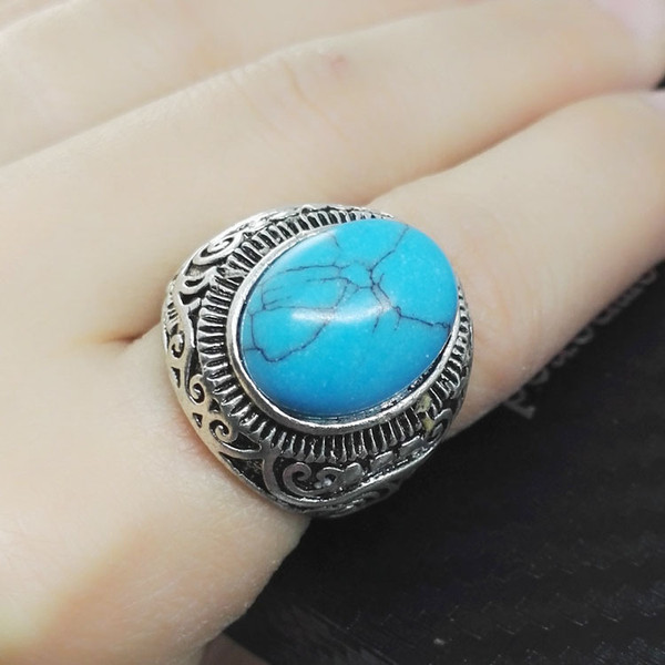 Fashion Classic Mens Stainless Steel Ring Classic Vintage, Blue Created-turquoise Vintage Turquoise Biker Stainless Steel Ring