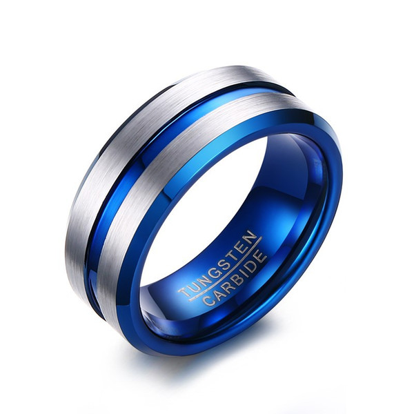 Loop Thin Blue Groove 8mm High Polish Tungsten Carbide Wedding Band Engagement Ring for Men Comfort Fit Size 7 - 12