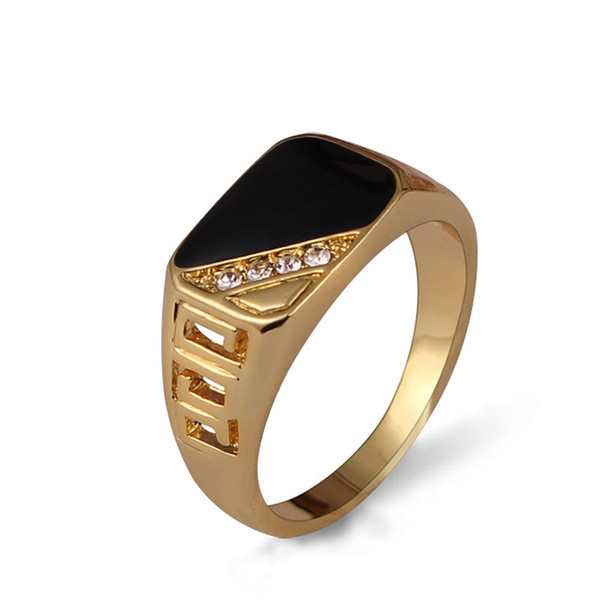 Brand New Classic Gold Plated Rhinestone Rings for Men Women Black Enamel Male Finger Ring Triangle Drip Rings