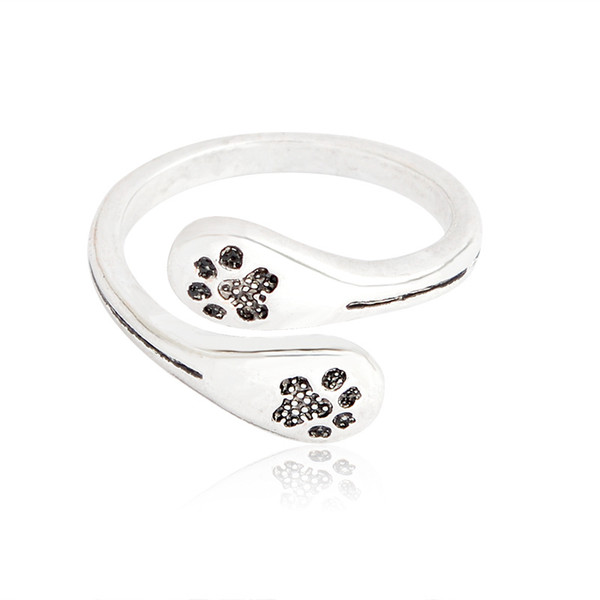 New fashion Crystal Love Animal Jewelry Dog Paw Print Ring Vintage Women Dog Paw Open Adjustable Rings