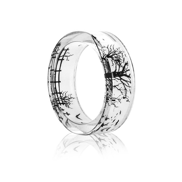 Fashion Handmade Transparent Bat and Trees Resin Rings Scenery Inside Black White Women Finger Knuckle Ring