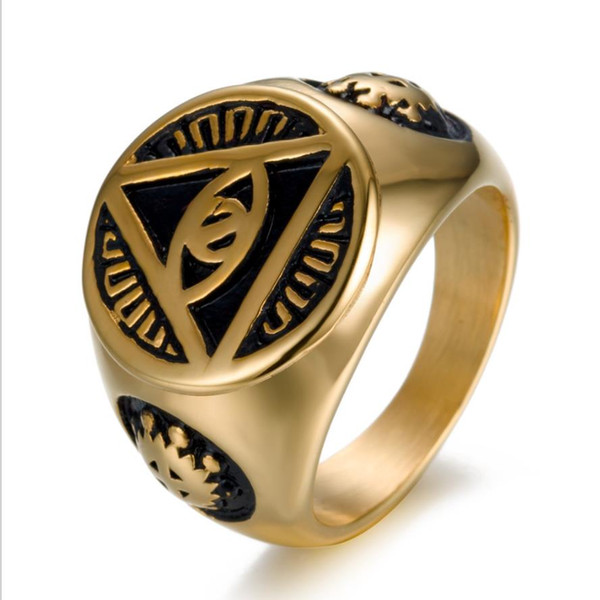 hip hop mens Illuminati The All-seeing-eye illunati pyramid/eye symbol Tone Gold Color 316L Stainless steel Signet Ring