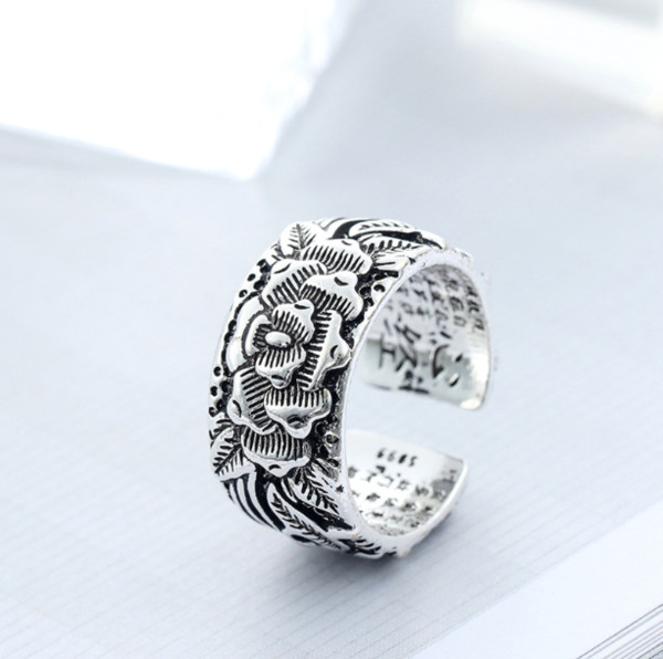 Trendy Carved Buddhism Words Heart Sutra lotus open Finger Ring Retro Open Adjustable Rings for Woman Man Jewelry