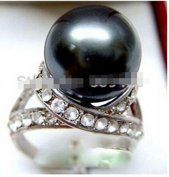 FREE SHIPPING+ 12MM Crystal Black Shell Pearl Ring size: 8.9