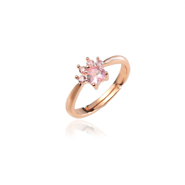 Cute Bear Paw Cat Claw Opening Adjustable Size Ring Rose Gold Rings for Women Romantic Wedding Pink Crystal CZ Love Gifts