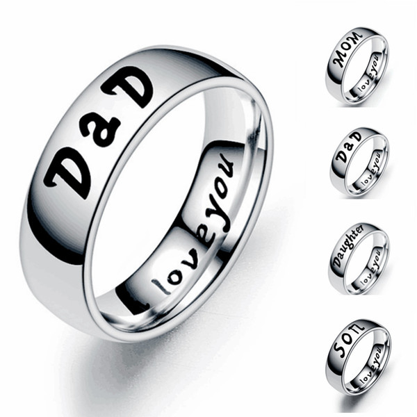 New Simple 6mm Stainless Steel LOVE MOM DaD SON DAUGHTER Letter Ring Woman Man Family Band Rings Jewelry Gifts