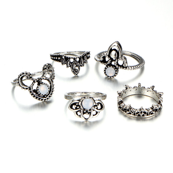 5 pcs/lot Vintage Knuckle Ring For Women Geometric Crown/Flower Design Crystal Rings Set Party Bohemian Jewelry Gifts YMCJR013