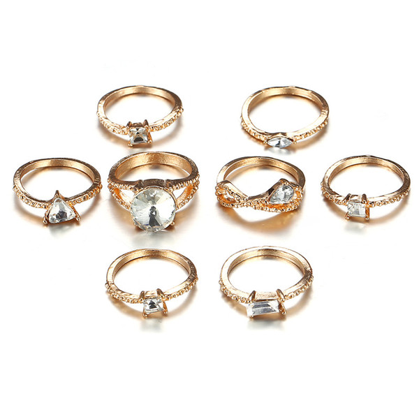 8 PCS/LOT Fashion Trendy Cubic Zirconia Rings Set for Women Gold Color Joint Finger Knuckle Ring Jewelry Wholesale SYMF675