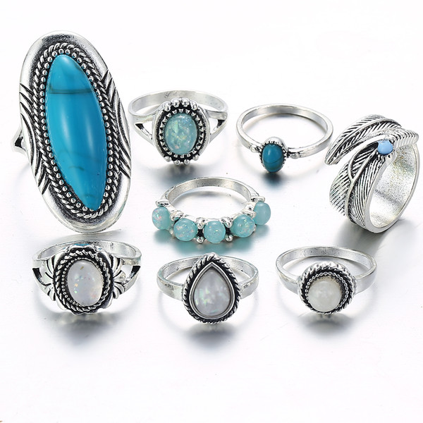 8PCS/LOT Vintage Geometric Stone Turquoise Opal Rings Set For Woman Bohemian Antique Silver Color Knuckle Ring Fashion Jew
8000
elry YMRJ551