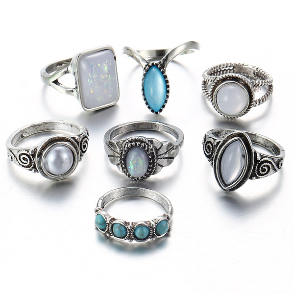 7 pc/lot Vintage Geometric Stone Opal Ring Set For Woman Bohemian Antique Silver Color Knuckle Rings Fashion Party Jewelry YMRJ554