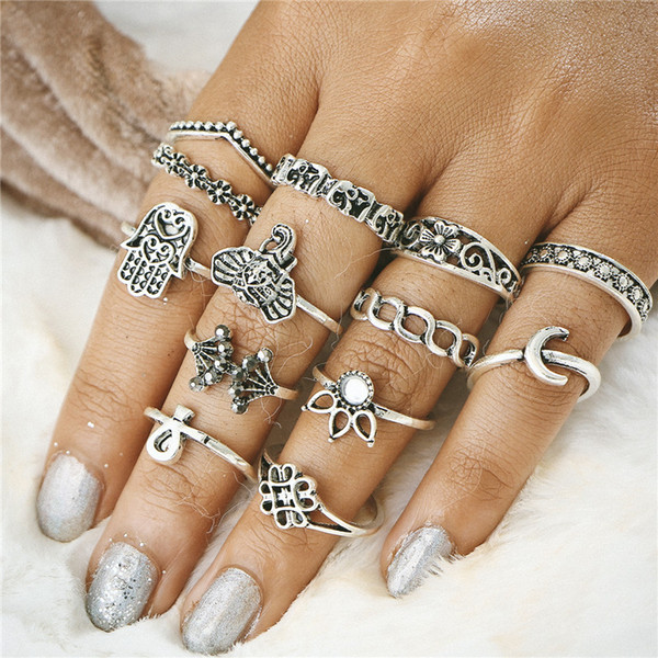 13PCS/LOT Vintage Silver/Gold Color Knuckle Ring Sets Boho Crown/Elephant/Palm Rings for Women 2018 Punk Jewelry YMRJ45155/YMRJ45128