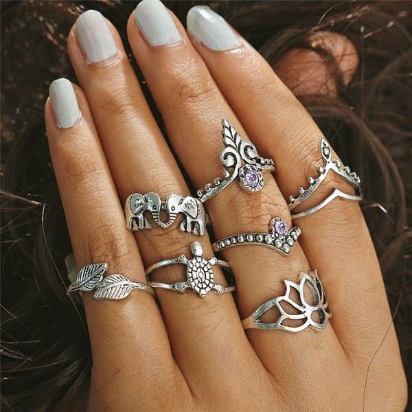 7PCS/LOT Vintage Hollow Flower Rings Sets for Women Elephant Leaves Tortoise Knuckle Ring Jewelry Gifts YMRJ466