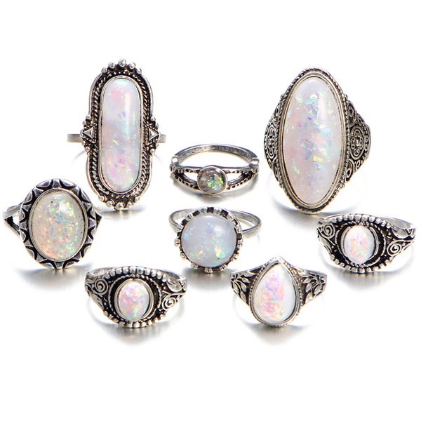 8PCS/LOT Vintage Opal Knuckle Rings Set For Women Boho Geometric Pattern Flower Ring Party Bohemian Jewelry YMRJ556