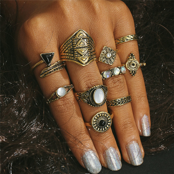 10 PCS/LOT Vintage Knuckle Ring Set for Women Fashion Anel Aneis Bague Femme Stone Silver Midi Finger Rings Boho Jewelry YMRJ43455