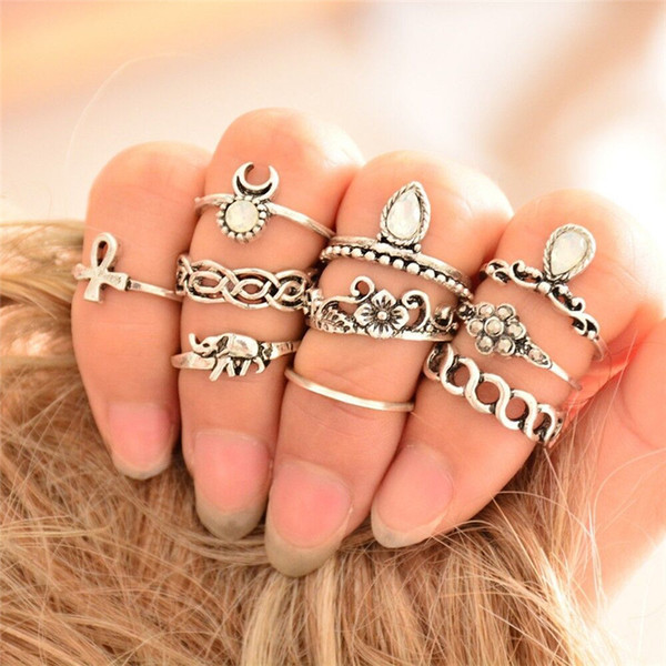 10 PCS/LOT Gold Color Flower Midi Ring Sets for Women Silver Color Boho Beach Vintage Turkish Punk Elephant Knuckle Ring YMRJ06255